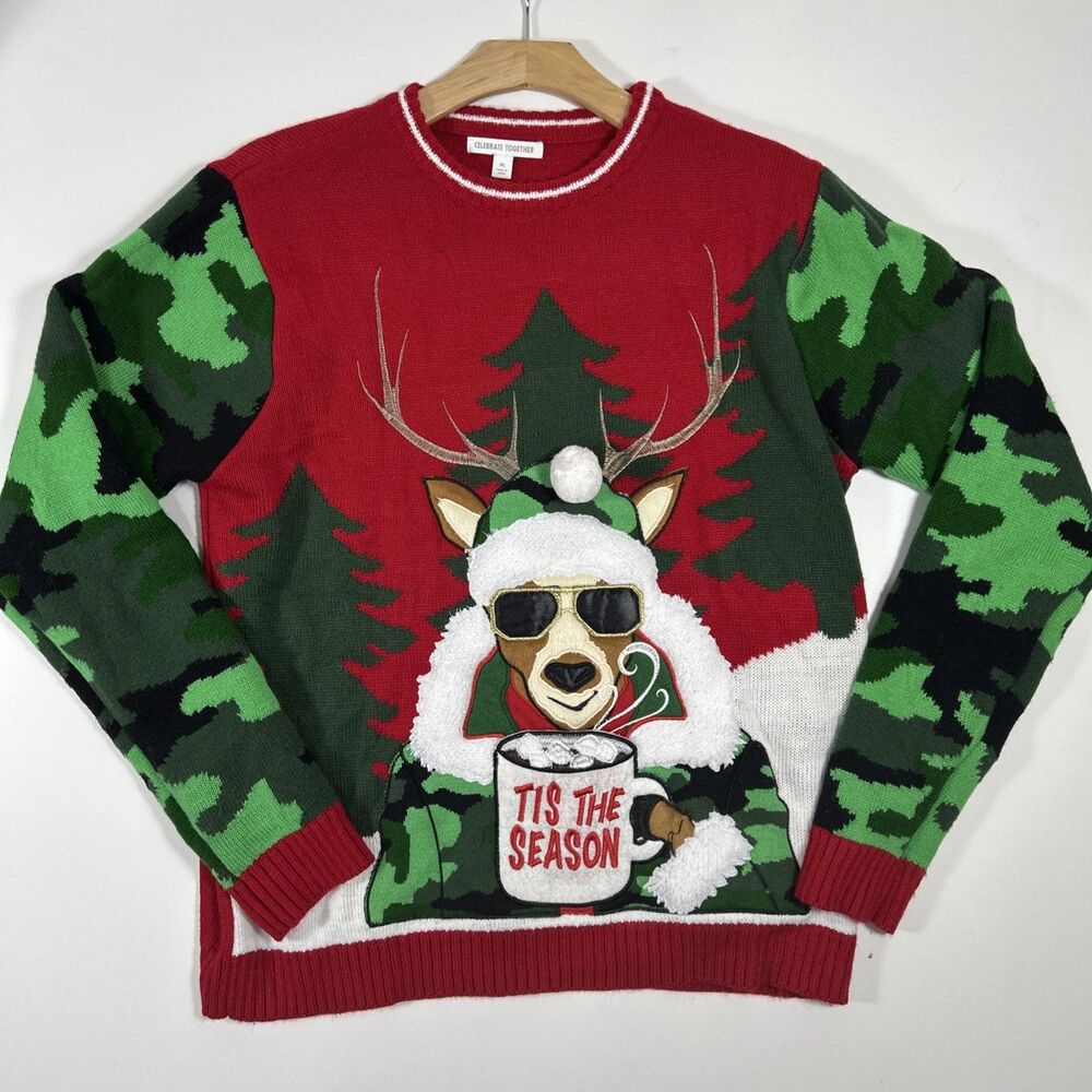Celebrate Together Men’s XL Ugly Christmas Sweater Reindeer Camo Tis the Season